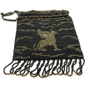Antique French Gryphon Griffin Steel Bead Purse Tassel Drawstring Mystical